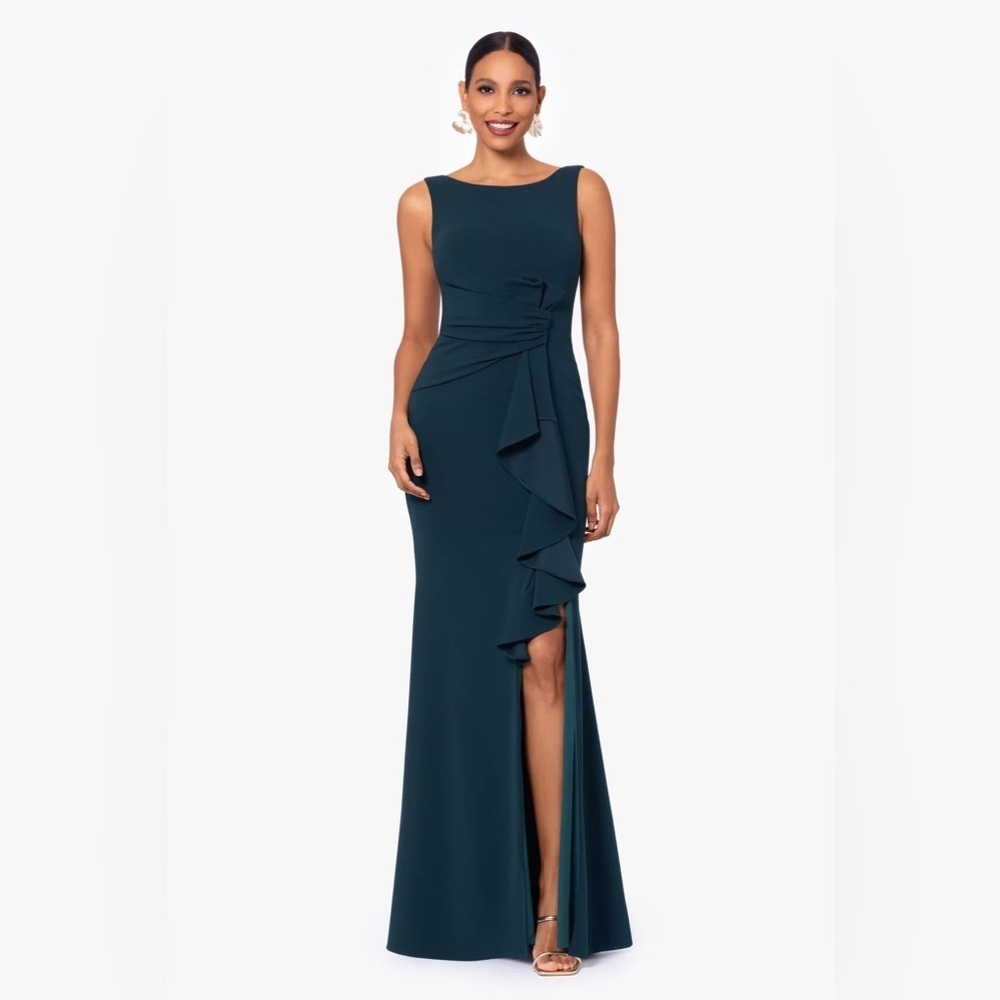 CHRISTINE" SCUBA CREPE RUFFLED BOW GOWN